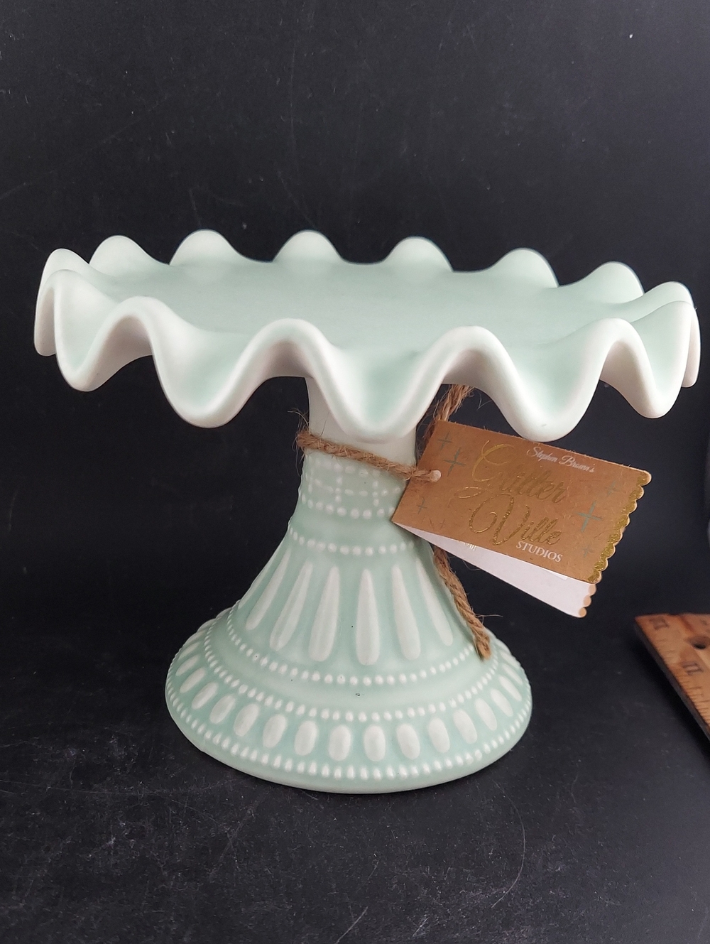 Set Of Two Glitter Ville Mint Green Ruffled Ceramic Cake Stand - 4"×5.5"